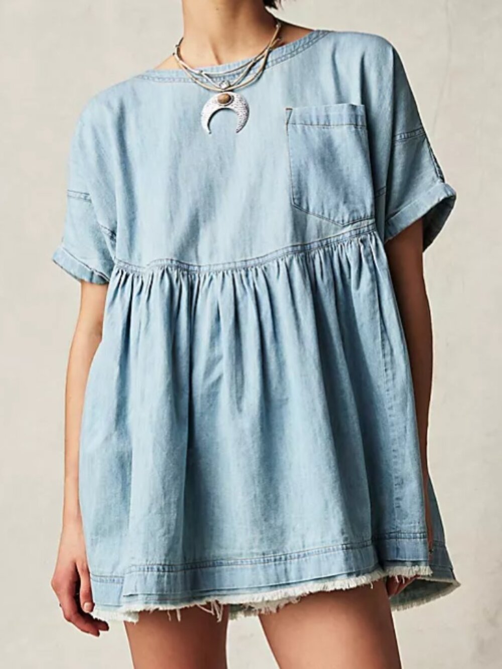 Free People We The Free Moon City denim tunic/babydoll top, blue, size S